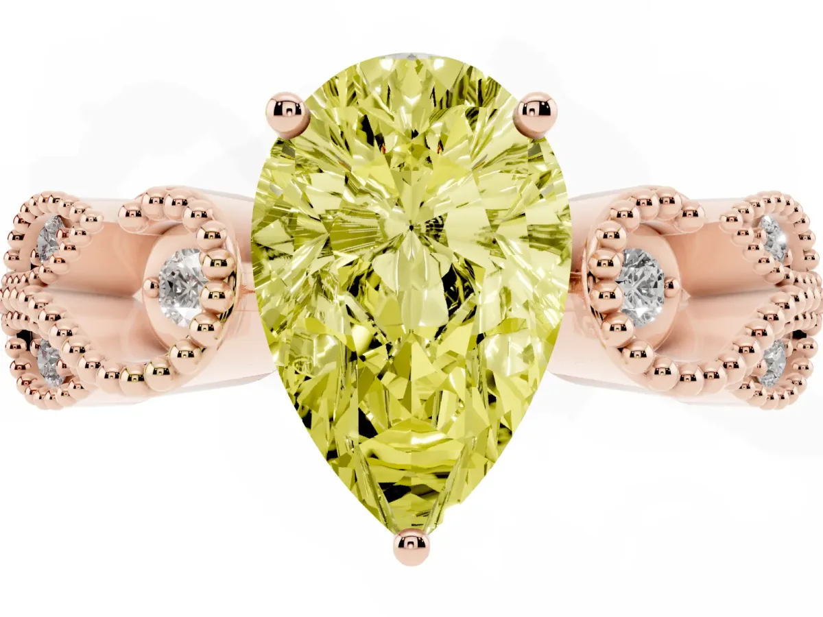 Fancy Yellow Pear Cut Solitaire Milgrain Leaf Band with Prong Setting Rose gold
