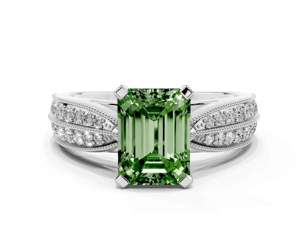 Fancy Green Emerald Cut Diamond Solitaire Ring with Milgrain Round Pavé Band and Prong Setting Platinum
