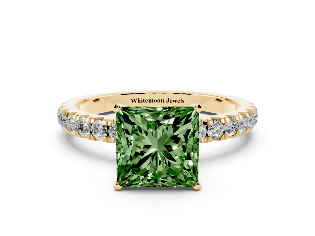 Fancy Green Princess Cut Diamond Solitaire Ring with Pavé Accents and Four-Prong Setting Yellow gold