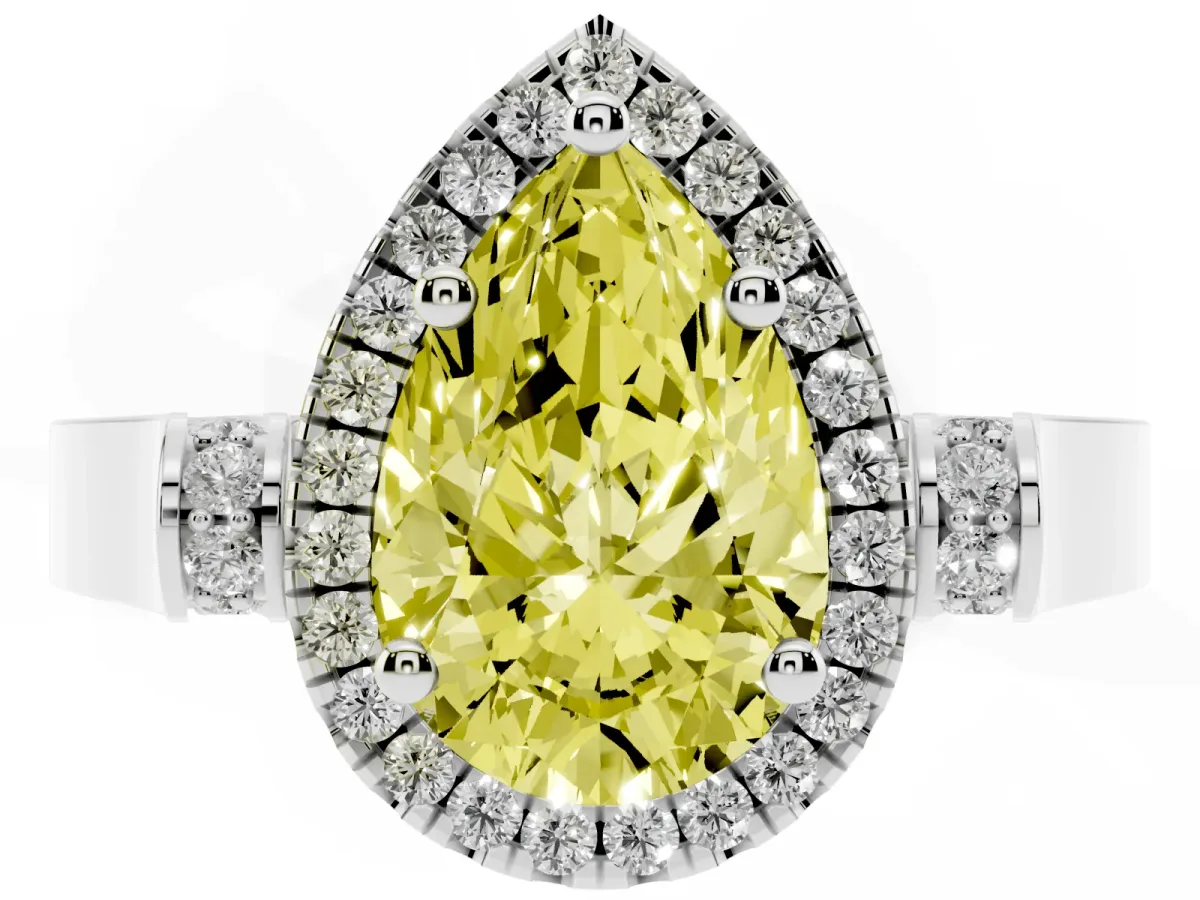 Fancy Yellow Pear Cut Halo Pave Split Shank Prong Setting Ring Silver
