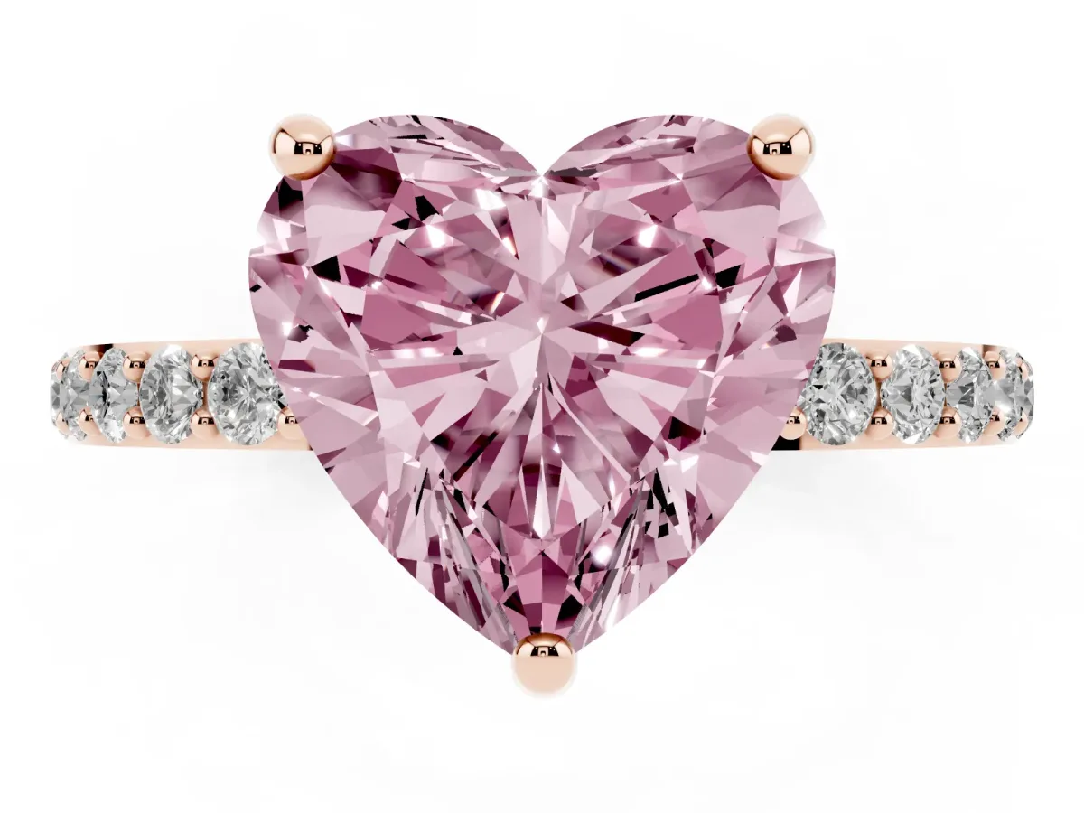 Fancy Pink Heart Cut Diamond Solitaire Ring with Round Pavé Band and Prong Setting Rose gold