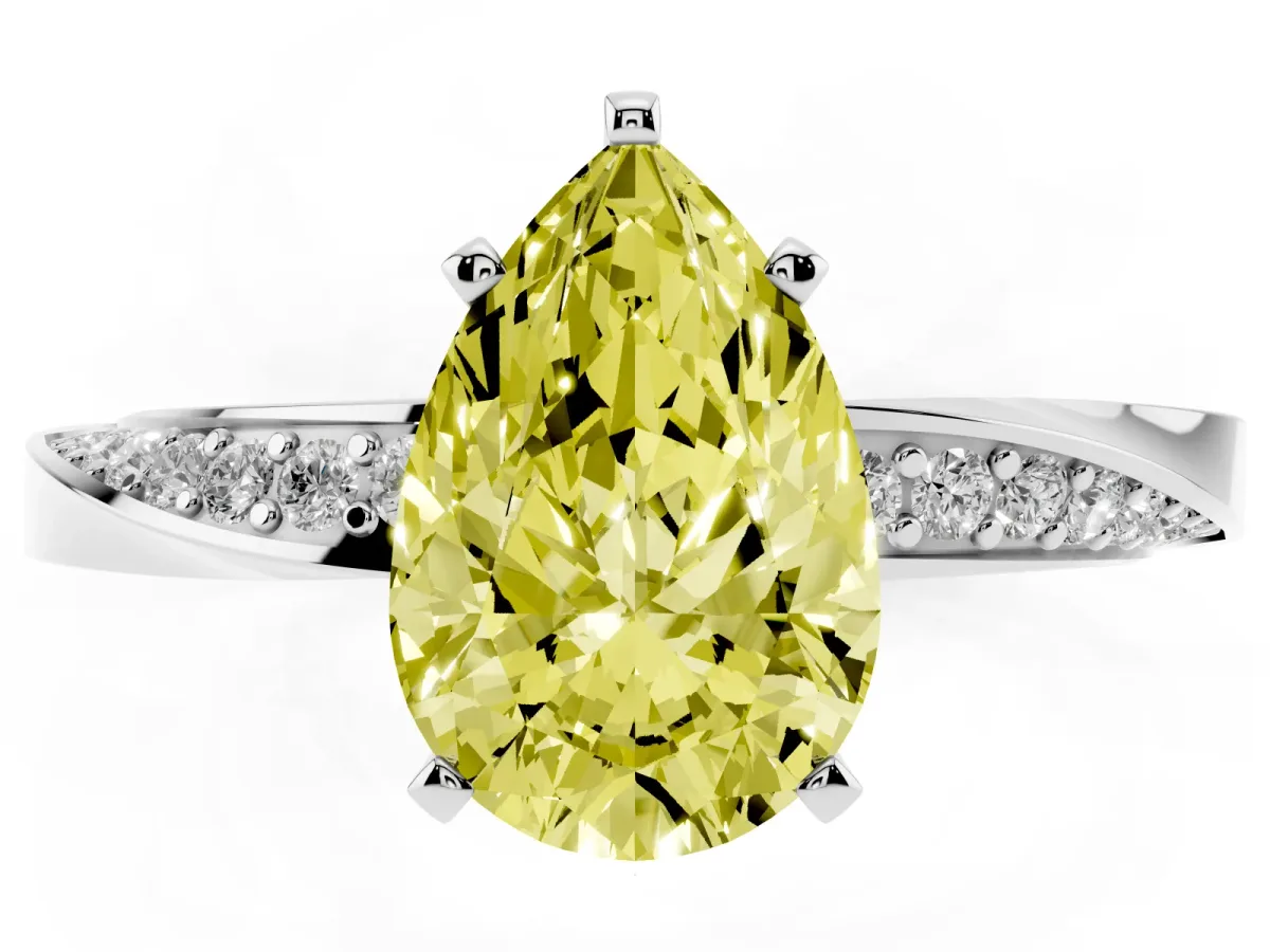 Fancy Yellow Pear Cut Diamond Engagement Ring with Side Stone Accents and Four-Prong Setting Platinum
