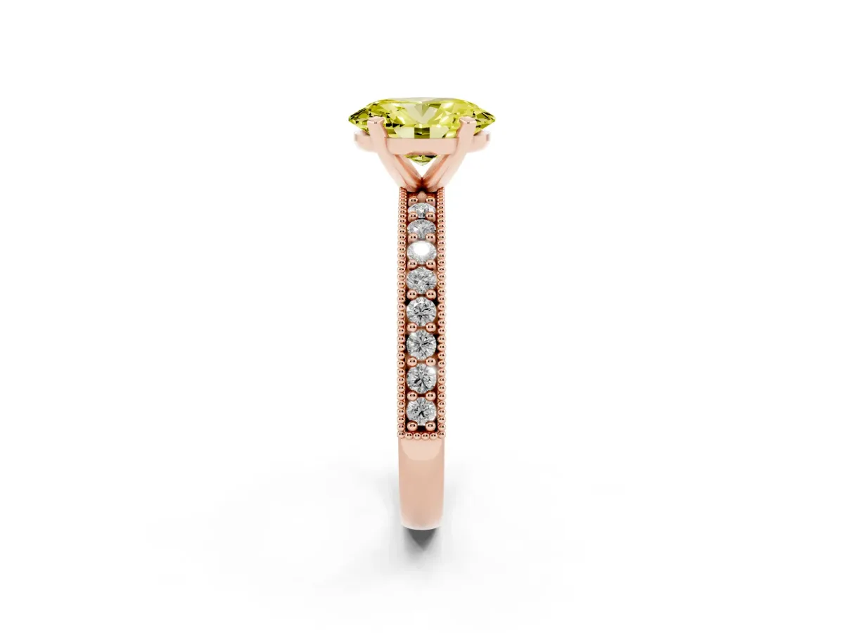 Fancy Yellow Oval Cut Diamond Milgrain Pavé Engagement Ring with Four-Prong Setting Rose gold