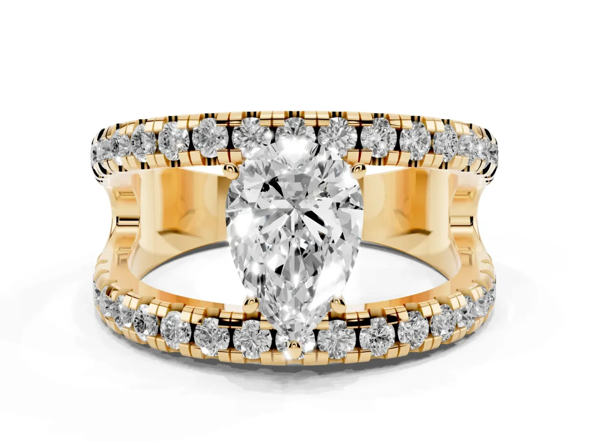 Pear Cut Solitaire Split Shank Pave Diamond Ring Yellow gold