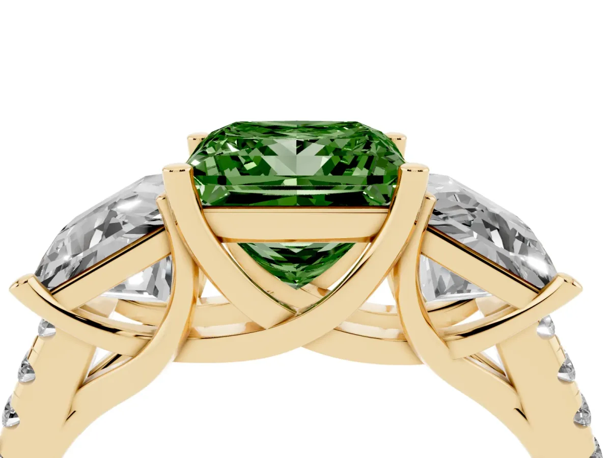 Fancy Green Three-Stone Princess Cut Diamond Ring with Round Pavé Band and Prong Setting Yellow gold