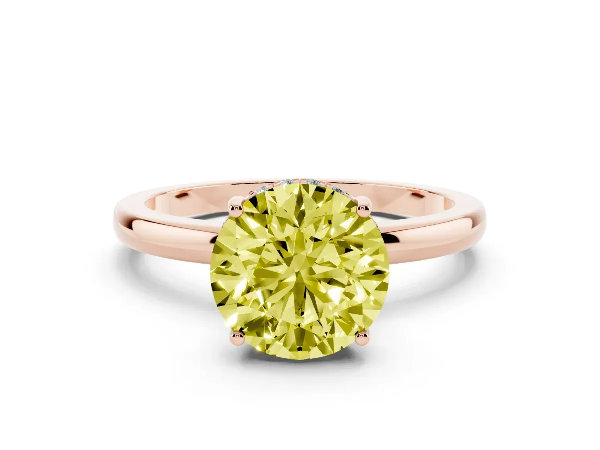 Fancy Yellow Round Cut Solitaire Diamond Ring with Prong Setting and Plain Band Rose gold
