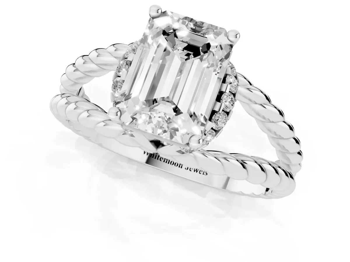 Emerald Cut Halo Twisted Band Four-Prong Ring Silver