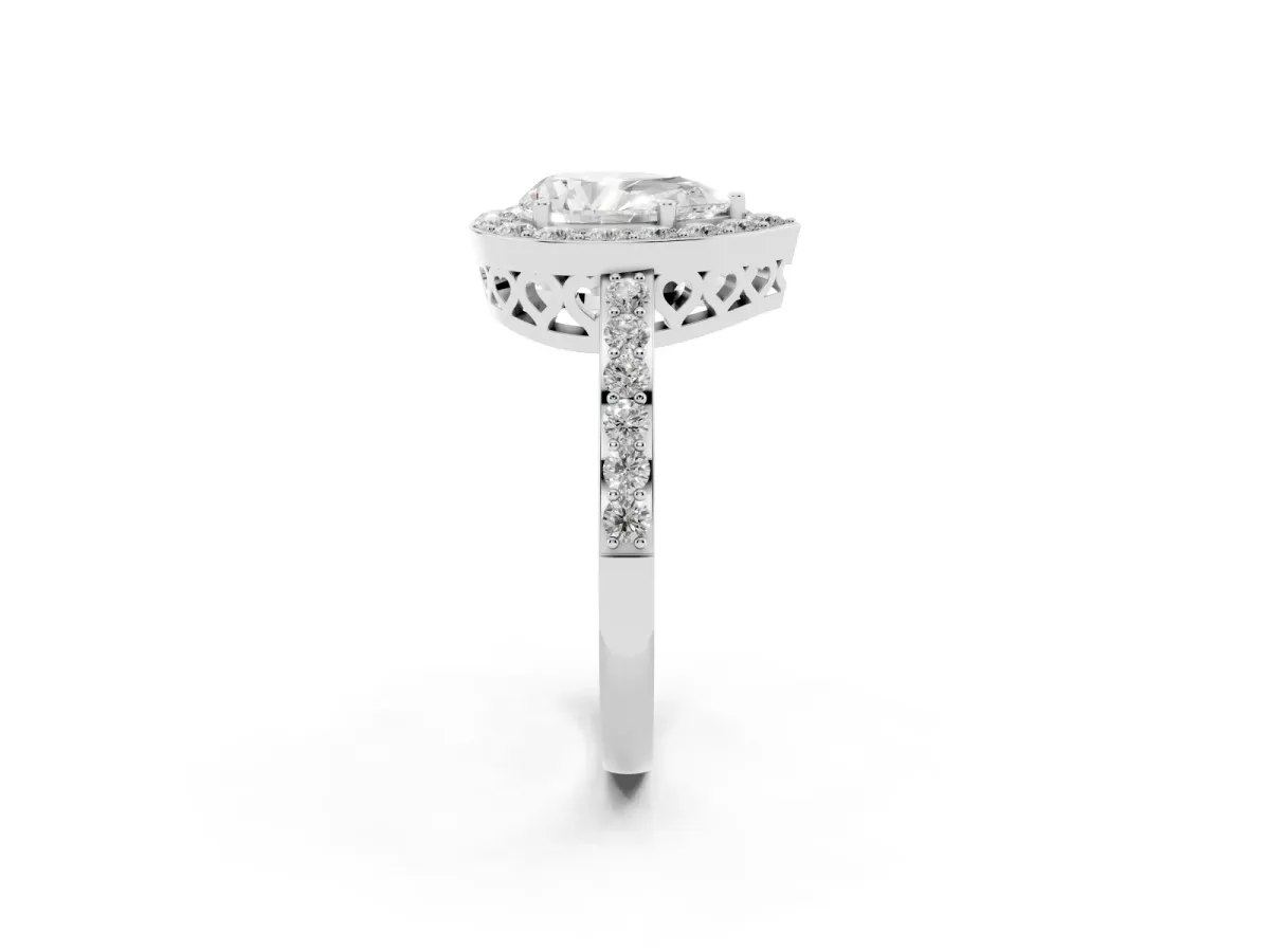 Pear Cut Halo Diamond Pavé Band Ring with Prong Setting Silver