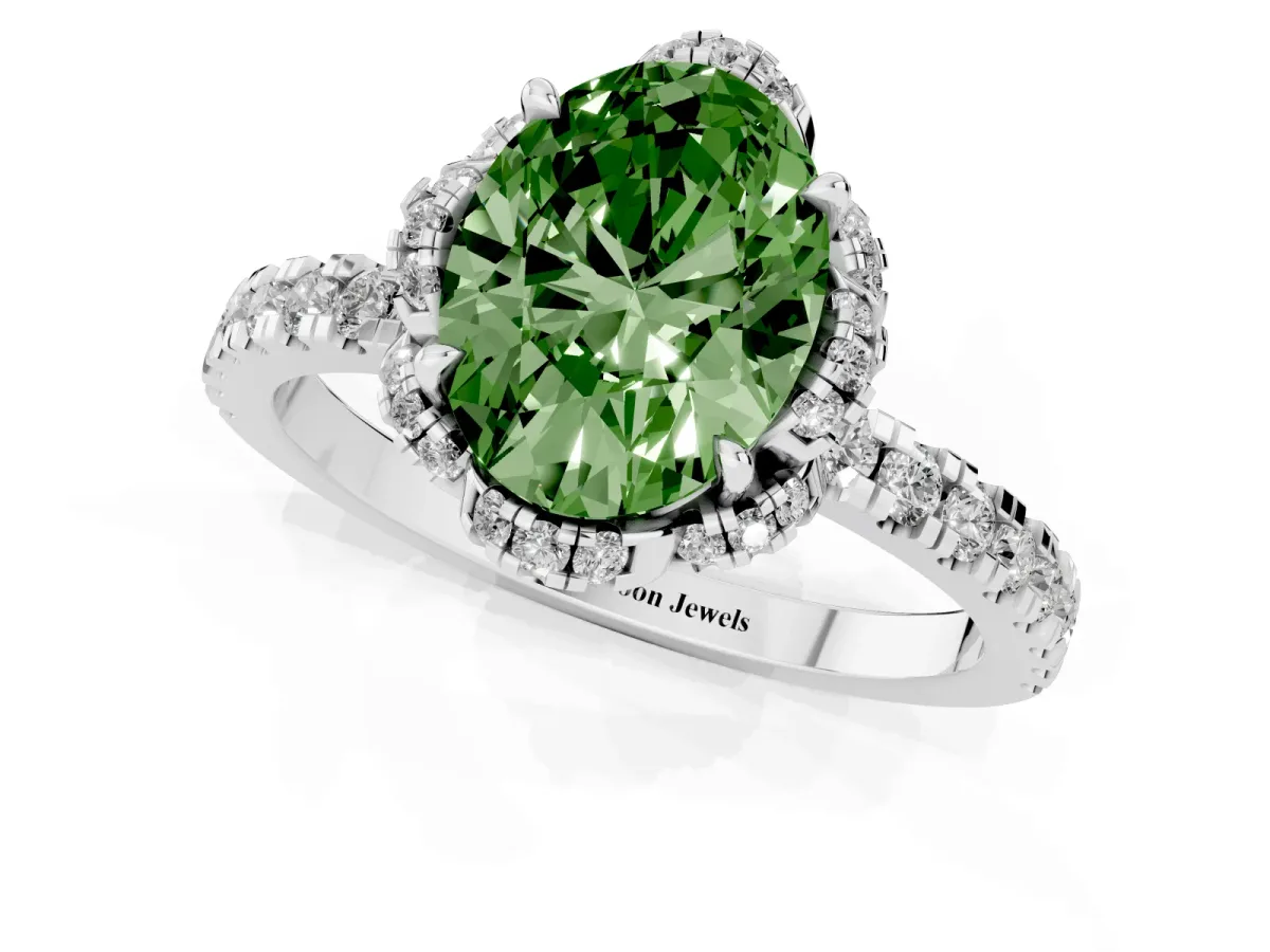 Fancy Green Oval Cut Halo Diamond Pave Band Ring with Four-Prong Setting Silver