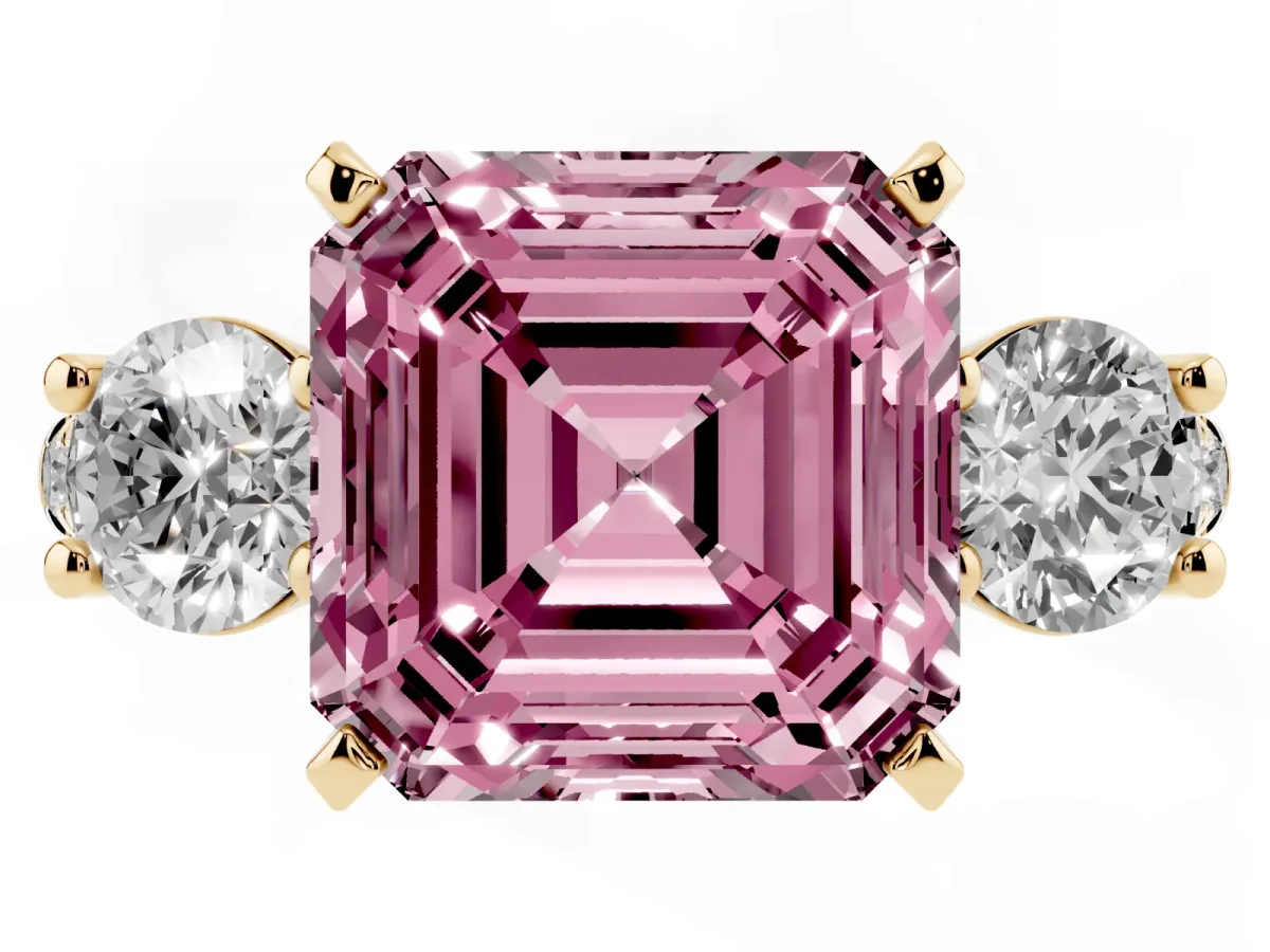 Fancy Pink Three-Stone Asscher Cut Diamond Pavé Band with Four-Prong Setting Yellow gold