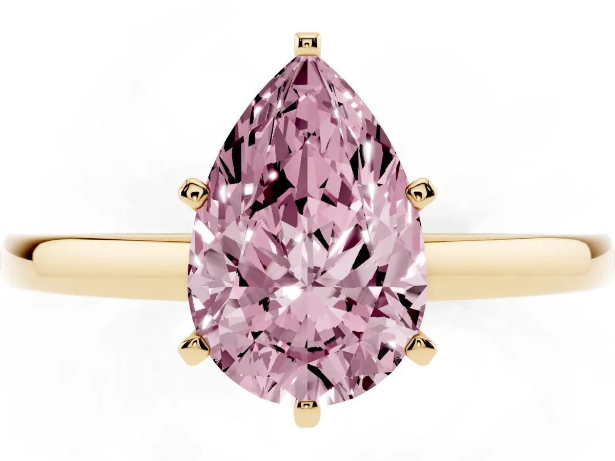 Fancy Pink Pear Cut Solitaire Diamond Engagement Ring with Four-Prong Setting on a Classic Band Yellow gold