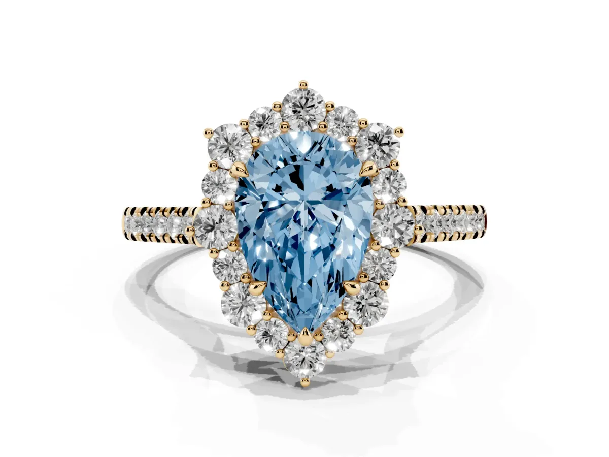 Fancy Blue Pear Cut Halo Diamond Ring with Pavé Band and Prong Setting Yellow gold