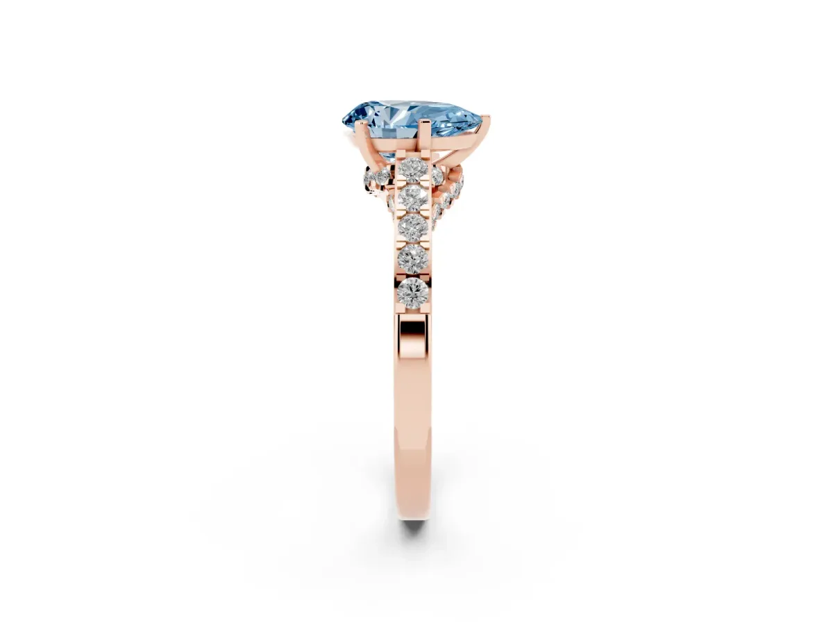 Fancy Blue Pear Cut Diamond Solitaire Ring with Crossover Gallery and Round Pavé Band Rose gold