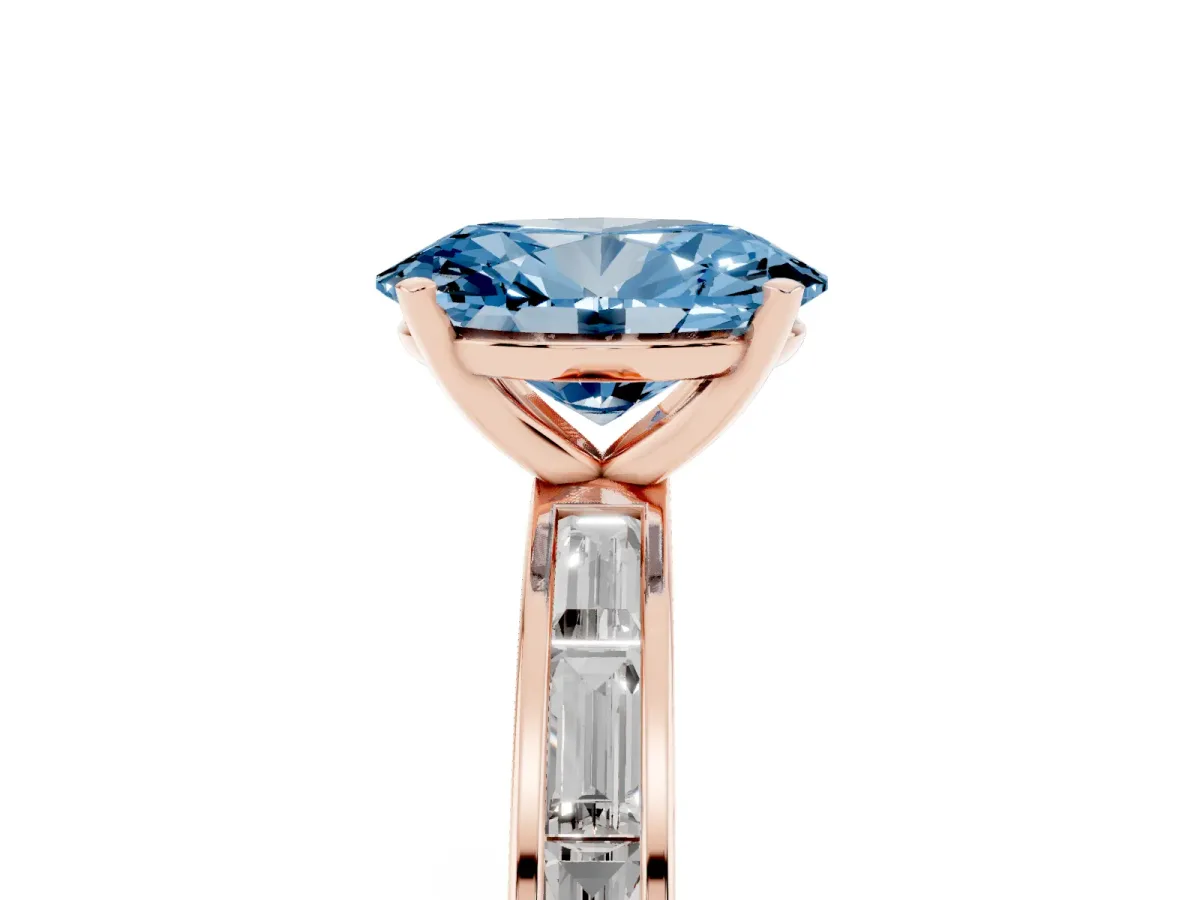 Fancy Blue Oval Cut Solitaire Diamond Ring with Channel-Set Baguette Band and Four-Prong Setting Rose gold