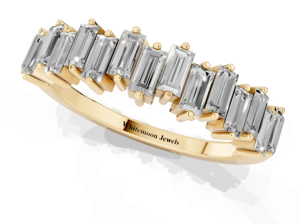 Baguette Diamond Half Eternity Ring with Prong Setting Yellow gold