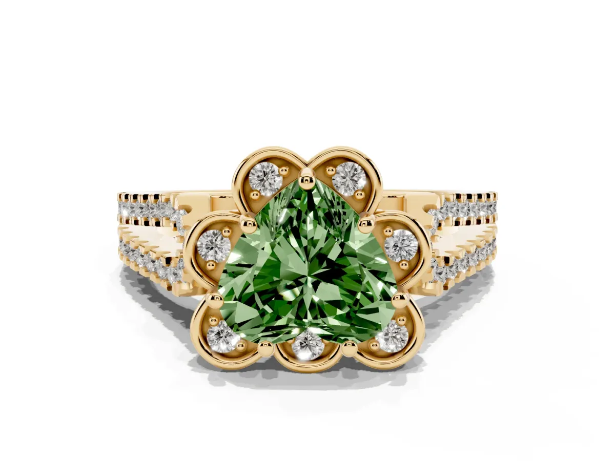 Fancy Green Heart Cut Halo Diamond Floral Split Shank Engagement Ring Yellow gold