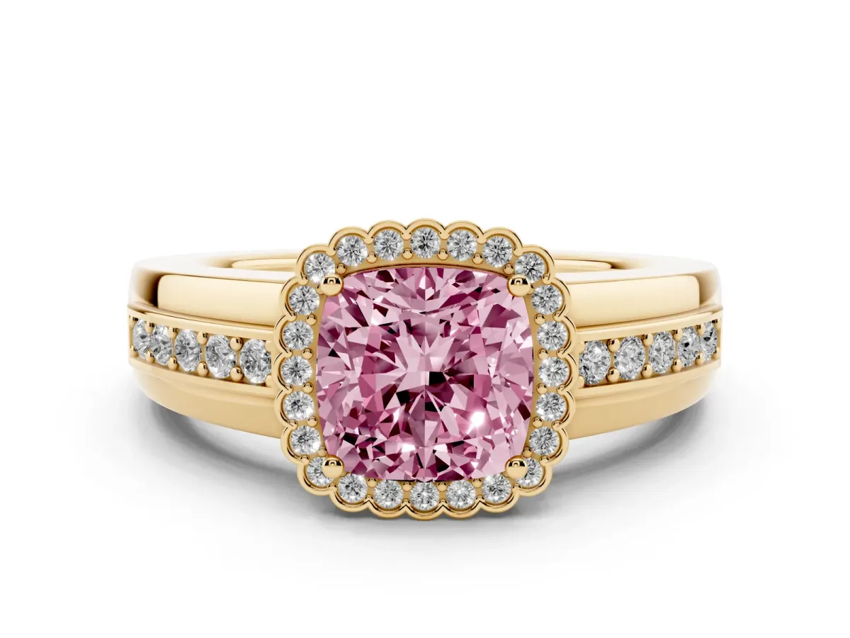 Fancy Pink Cushion Cut Cut Halo Pave Band Four-Prong Ring Yellow gold