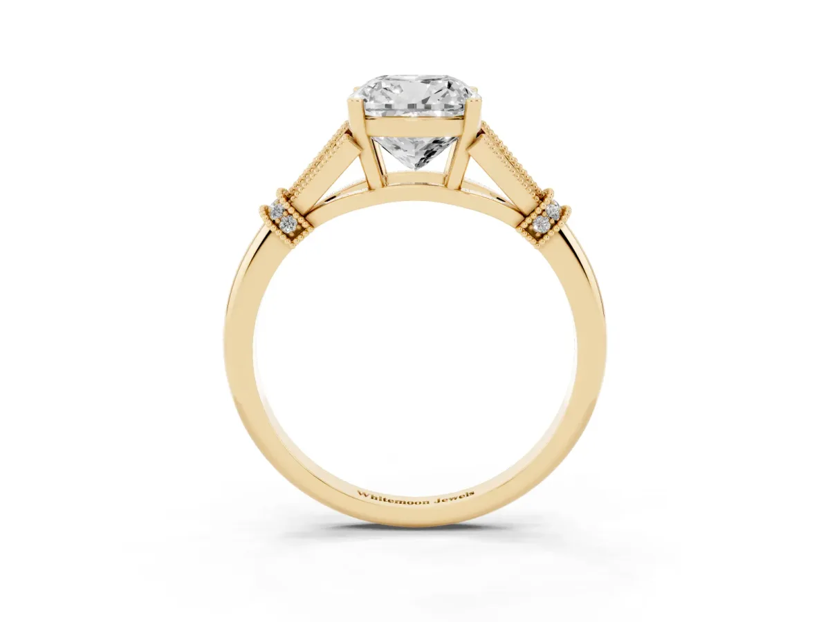 Cushion Cut Diamond Solitaire Ring with Floral Filigree and Pave Accents Yellow gold