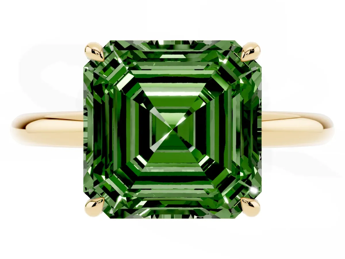 Fancy Green Asscher Cut Diamond Solitaire Ring with Thin Band and Four-Prong Setting Yellow gold