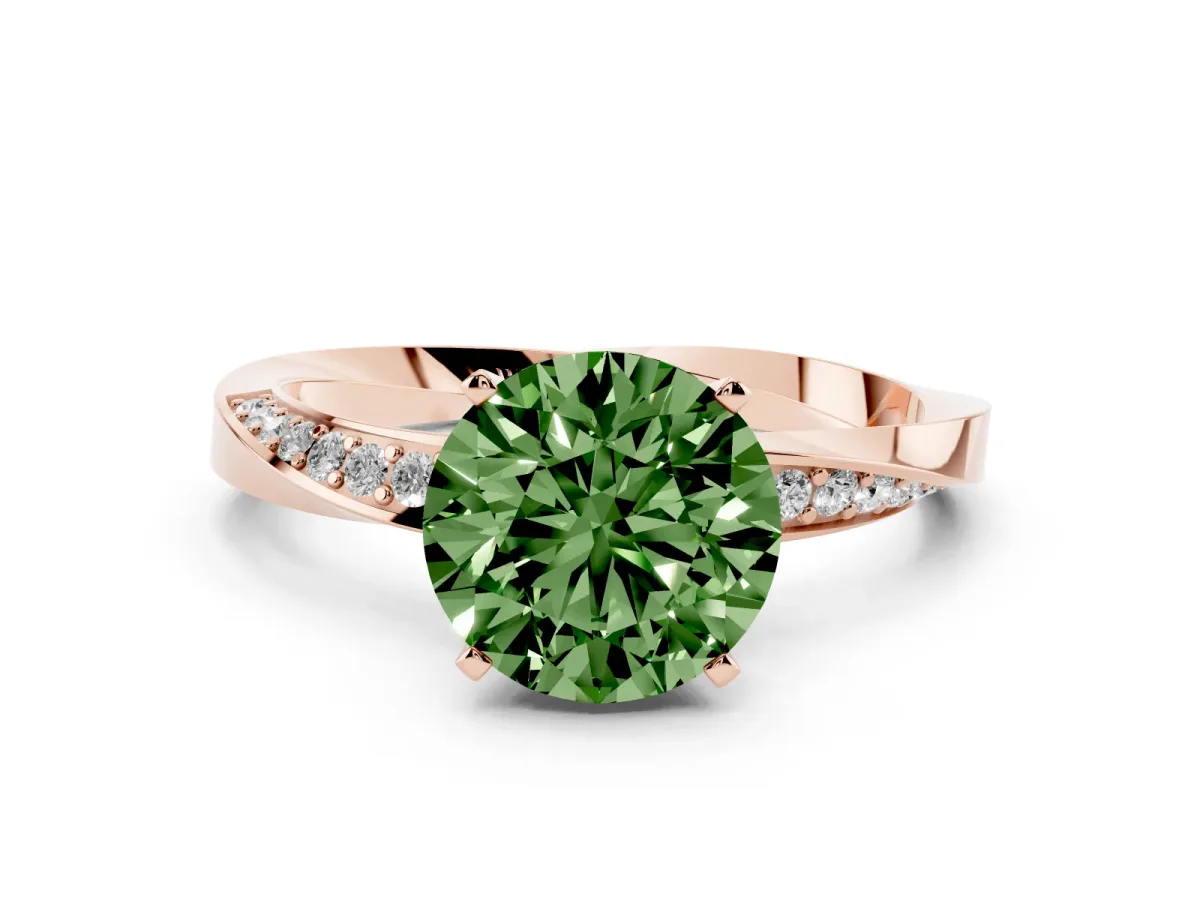 Fancy Green Round Cut Diamond Engagement Ring with Side Stone Accents and Four-Prong Setting Rose gold