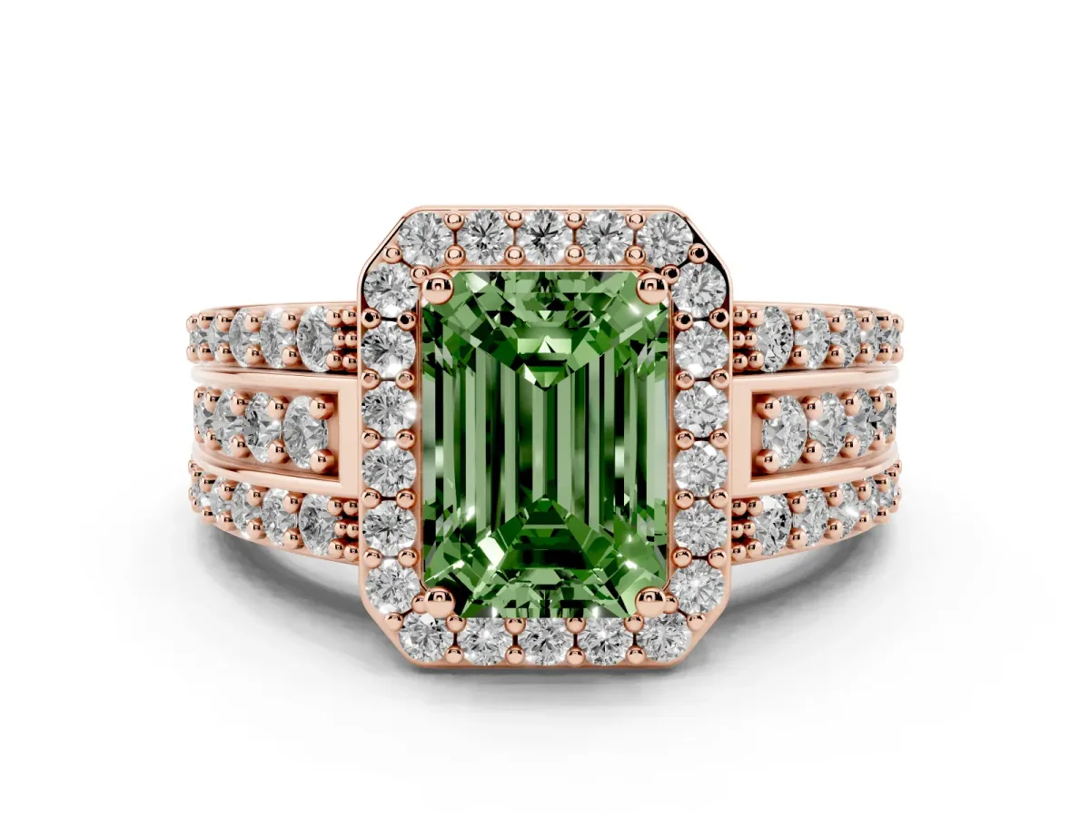 Fancy Green Emerald Cut Halo Diamond Ring with Round Split Shank and Prong Setting Rose gold