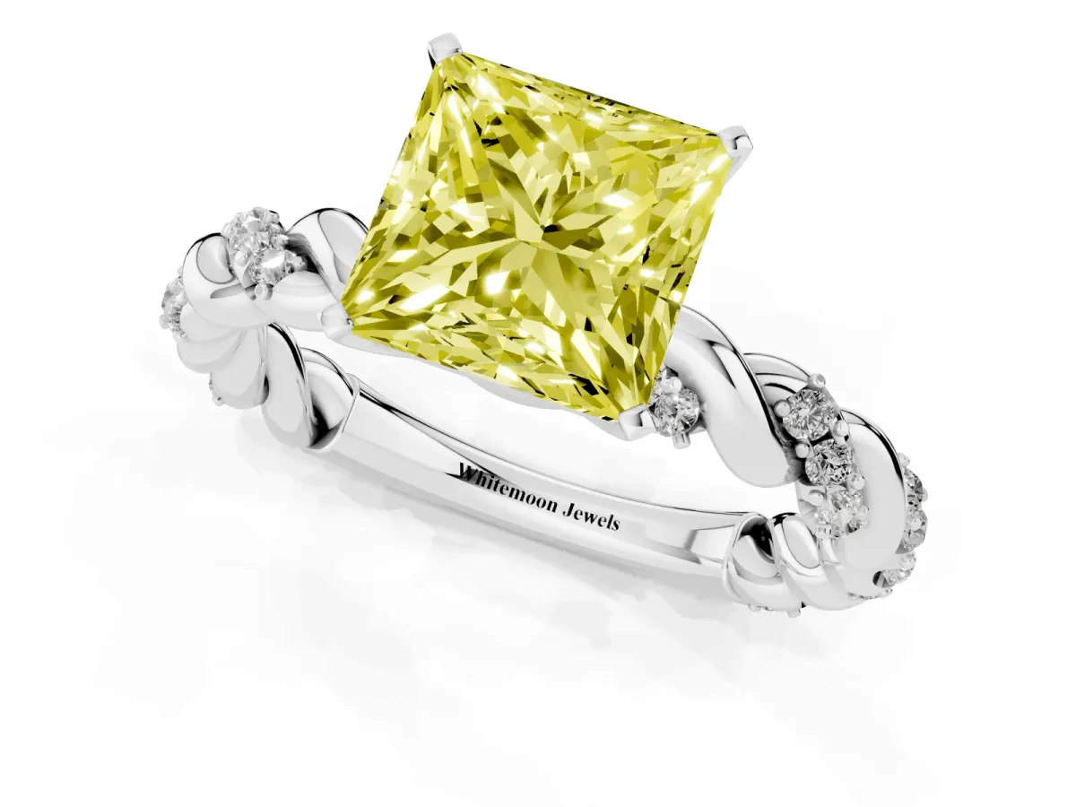 Fancy Yellow Princess Cut Diamond Solitaire Ring with Twisted Band and Pavé Accents Silver