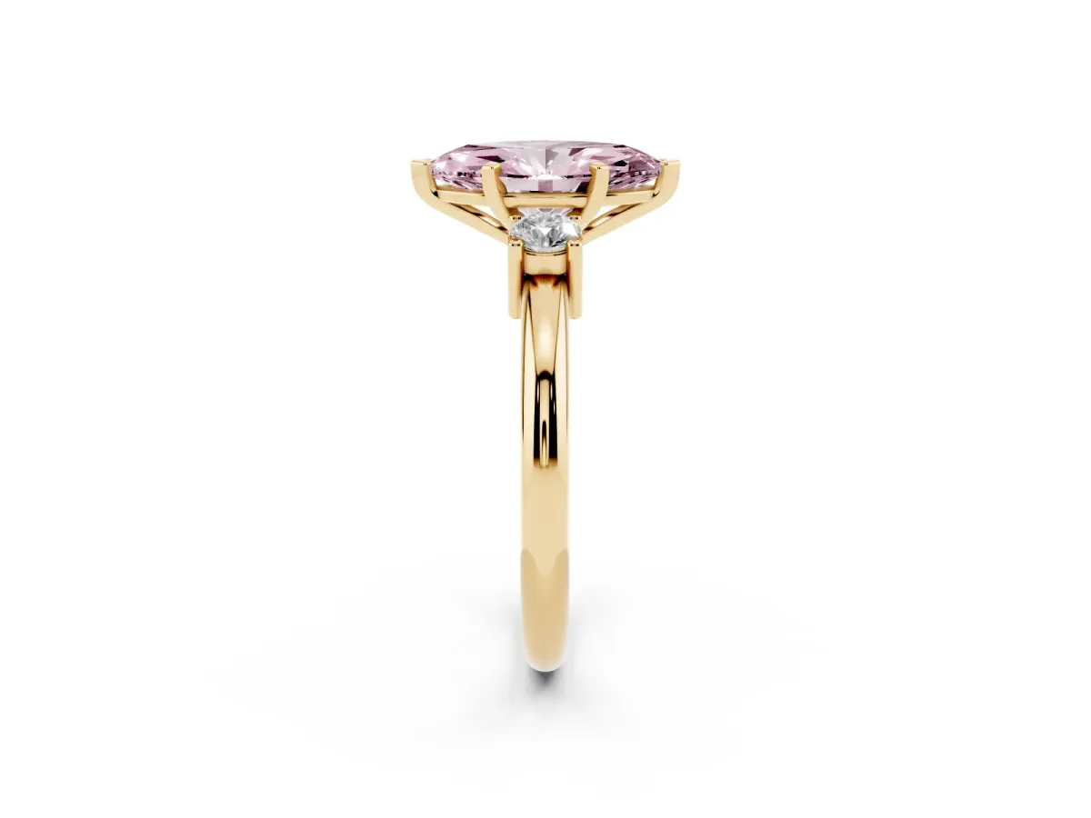 Fancy Pink Three-Stone Marquise Cut Cut Diamond Solitaire with Prong Setting and Classic Band Yellow gold