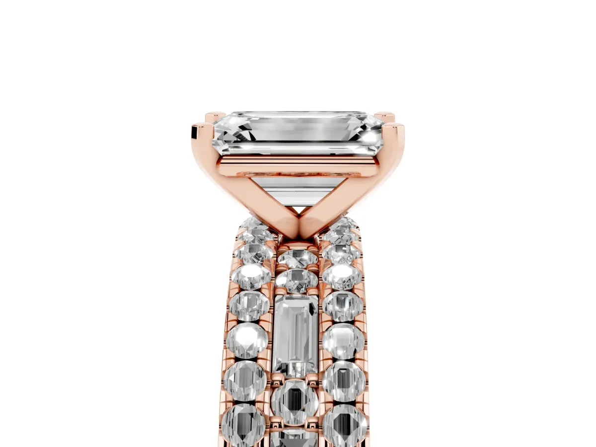 Emerald Cut Diamond Solitaire Ring with Pavé and Channel Set Band Rose gold