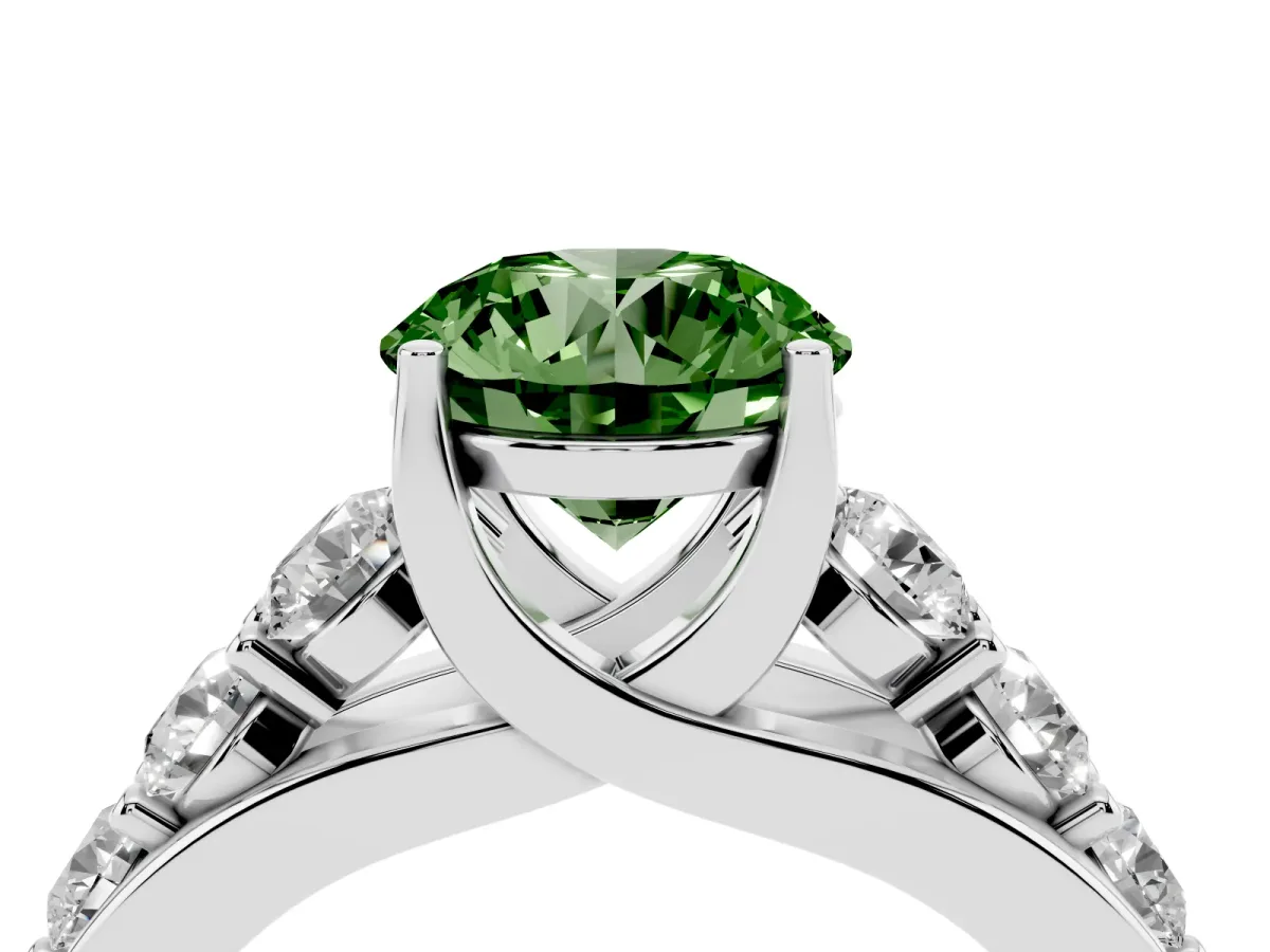 Fancy Green Round Cut Diamond Engagement Ring with Pavé Band and Four-Prong Setting Platinum