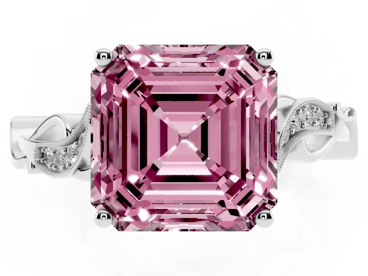 Fancy Pink Asscher Cut Solitaire Vine Band with Milgrain Prong Setting Platinum