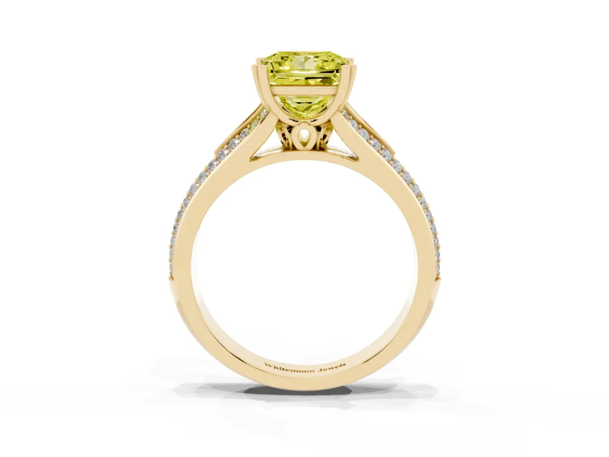Fancy Yellow Princess Cut Diamond Split Shank Engagement Ring with Pavé Band Yellow gold
