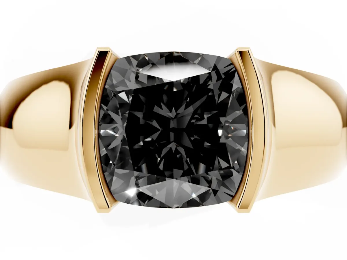 Fancy Black Cushion Cut Solitaire Bezel Set Diamond Ring with Wide Band Yellow gold