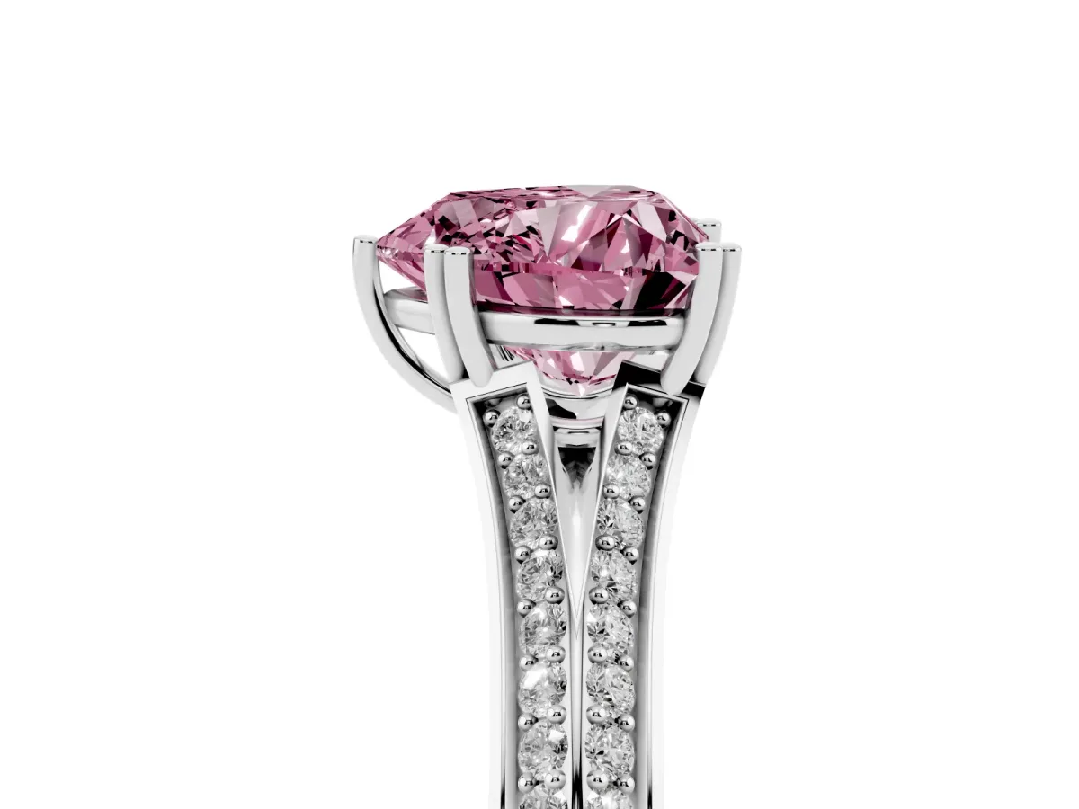 Fancy Pink Heart Cut Diamond Split Shank Engagement Ring with Pavé Band Platinum