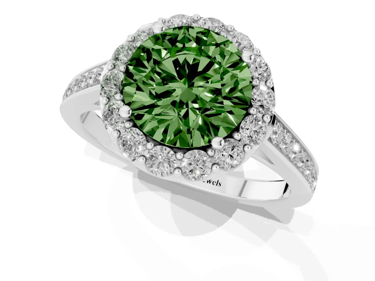 Fancy Green Round Cut Diamond Floral Halo Ring with Pavé Band and Prong Setting Silver