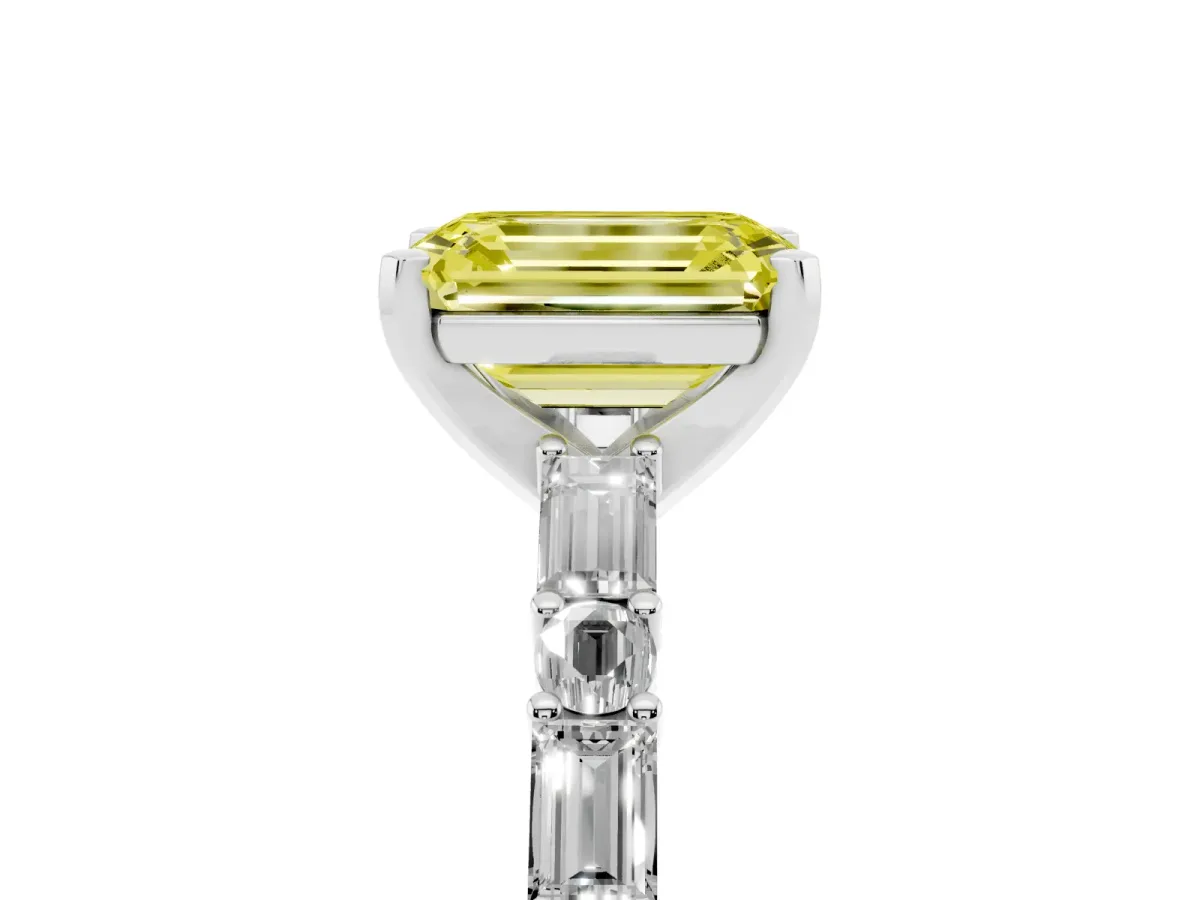 Fancy Yellow Emerald Cut Diamond Solitaire with Side Baguettes and Channel Set Band Silver