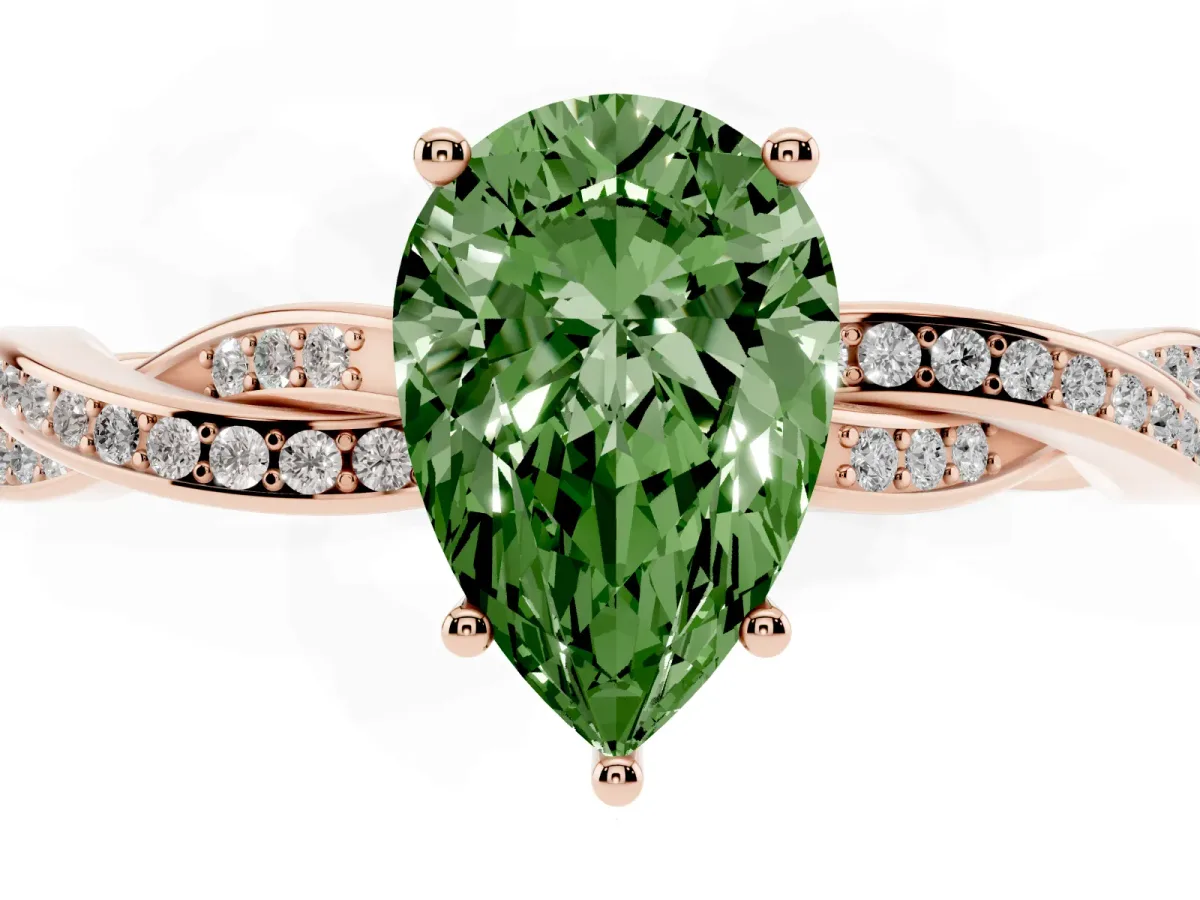 Fancy Green Pear Cut Solitaire Twisted Pave Diamond Ring with Four-Prong Setting Rose gold