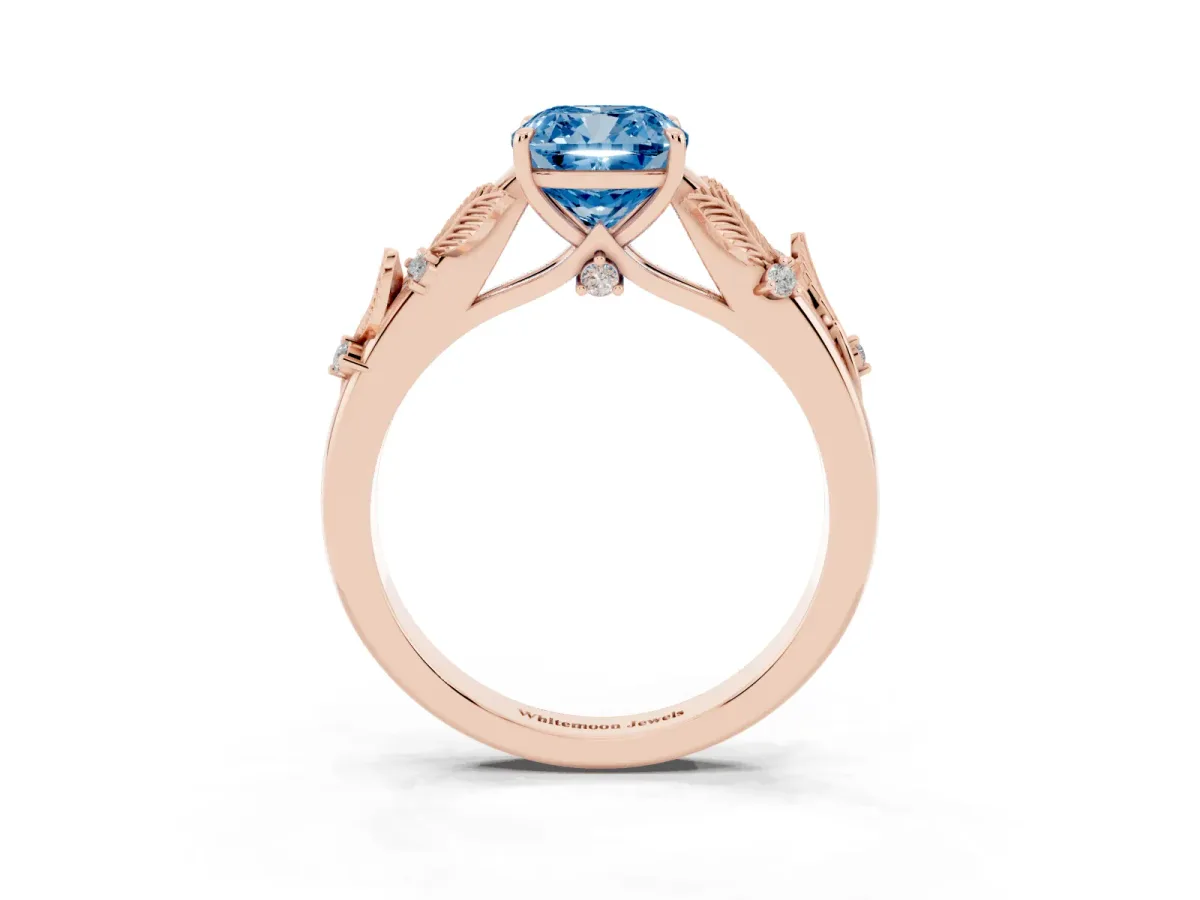 Fancy Blue Cushion Cut Diamond Solitaire Ring with Leaf Motif Band and Four-Prong Setting Rose gold