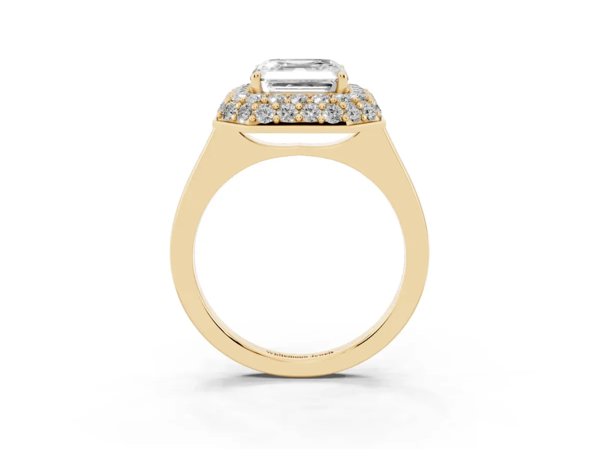Asscher Cut Halo Diamond Engagement Ring with Solitaire Band and Four-Prong Setting Yellow gold