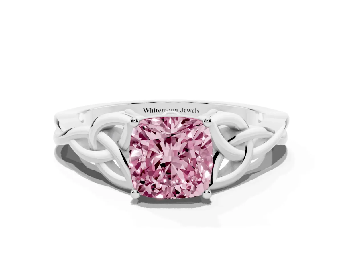 Fancy Pink Cushion Cut Diamond Solitaire Engagement Ring with Celtic Knot Band and Four-Prong Setting Platinum