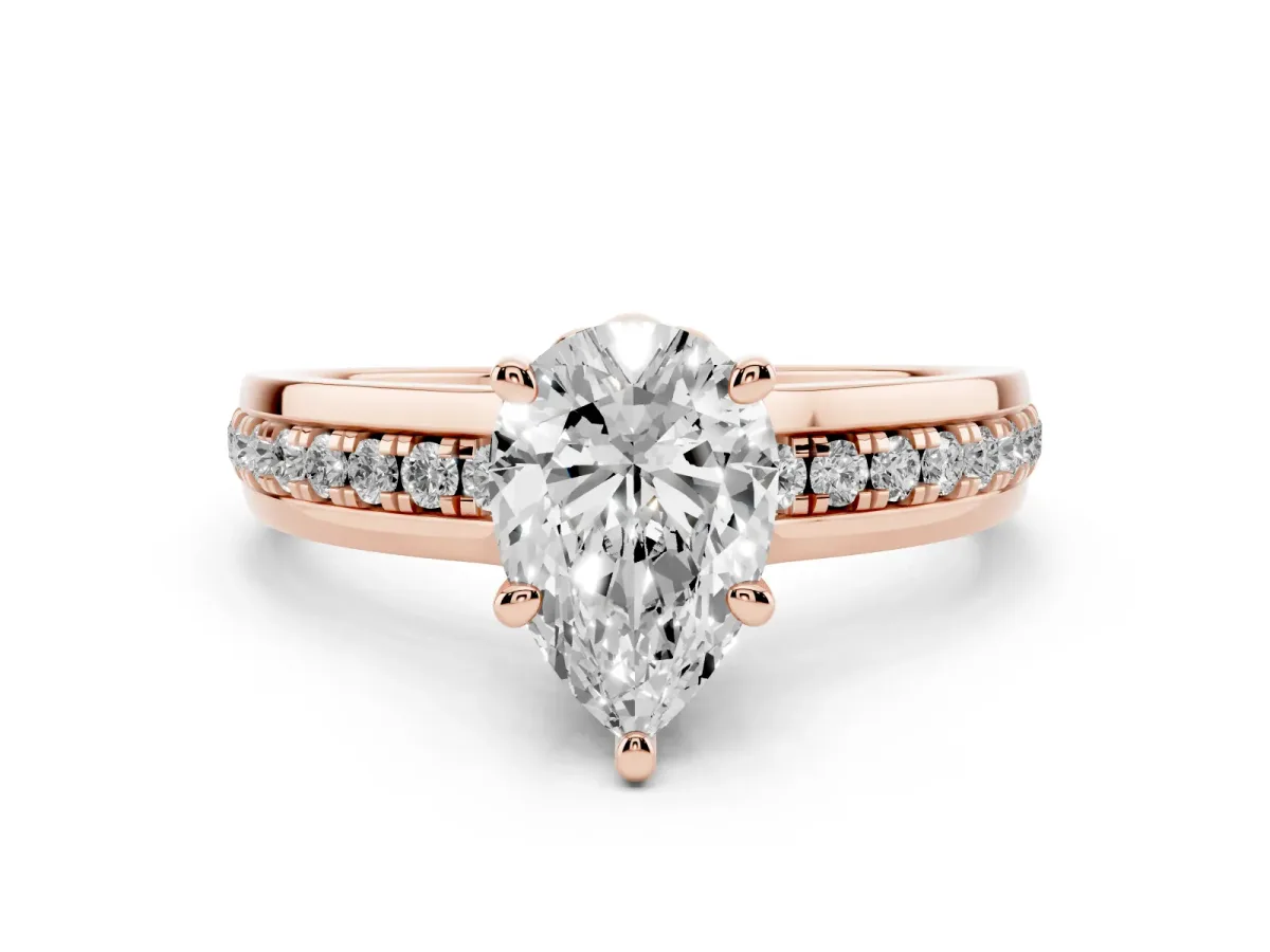 Pear Cut Solitaire Diamond Ring with Channel Set Band and Six-Prong Setting Rose gold