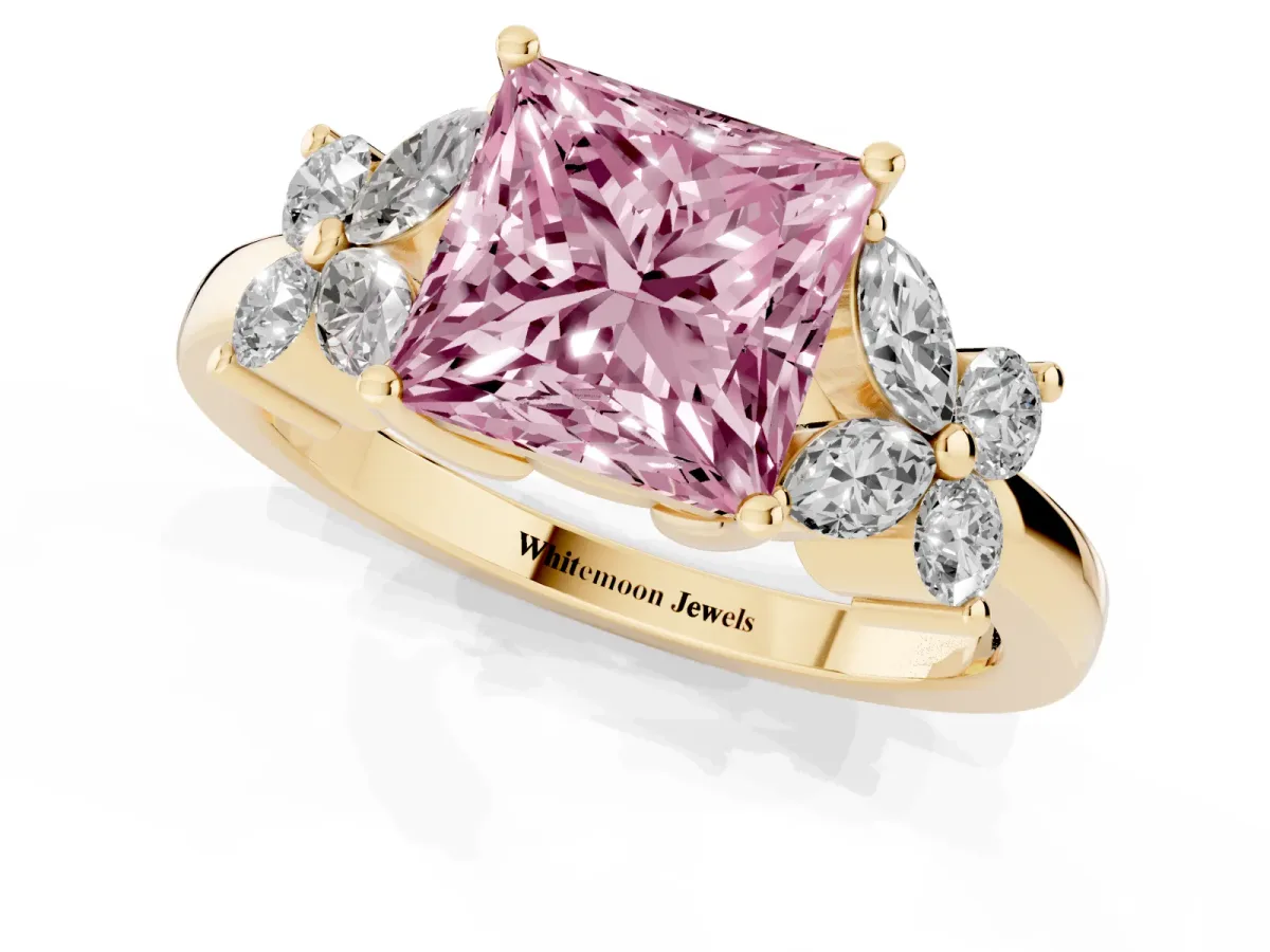 Fancy Pink Princess Cut Diamond Floral Cluster Ring with Solitaire Band and Prong Setting Yellow gold