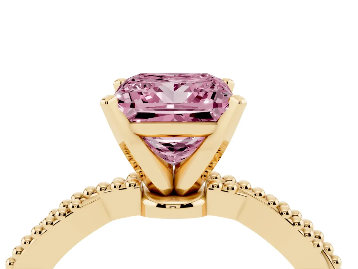 Fancy Pink Princess Cut Solitaire Twisted Band with Bead Prong Setting Yellow gold
