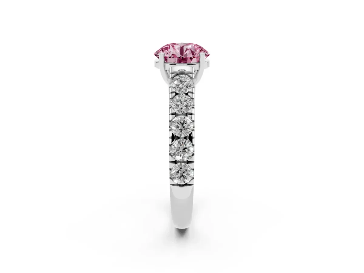 Fancy Pink Round Cut Cut Diamond Solitaire Ring with Micro Pave Band and Prong Setting Silver