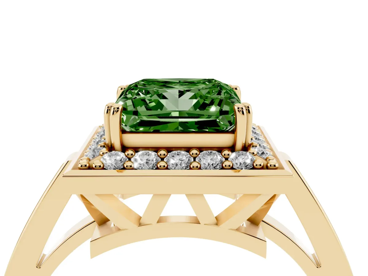 Fancy Green Princess Cut Diamond Halo Ring with Split Shank and Four-Prong Setting Yellow gold