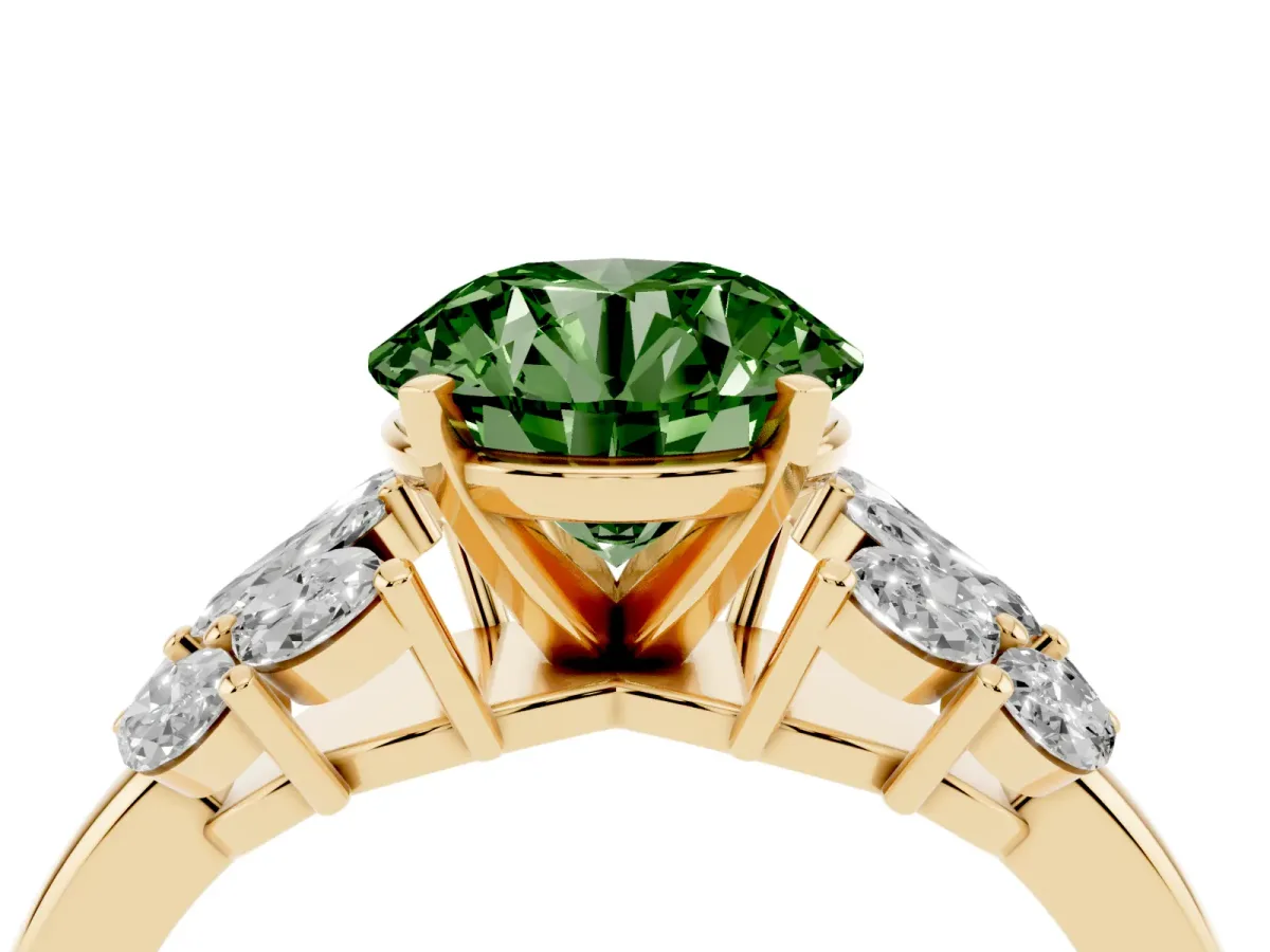 Fancy Green Round Cut Diamond Cluster Leaf Design Ring with Prong Setting Yellow gold