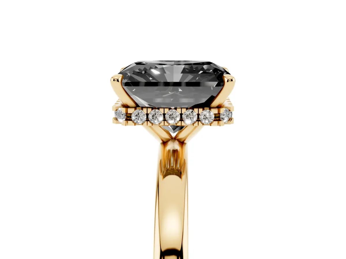 Fancy Black Radiant Cut Solitaire Engagement Ring with Cathedral Band and Four-Prong Setting Yellow gold