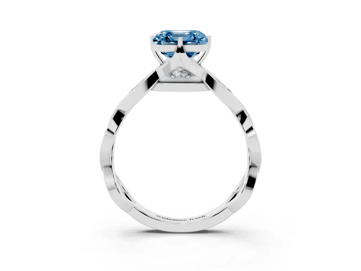 Fancy Blue Asscher Cut Solitaire Twist Band with Leaf Prong Setting Platinum
