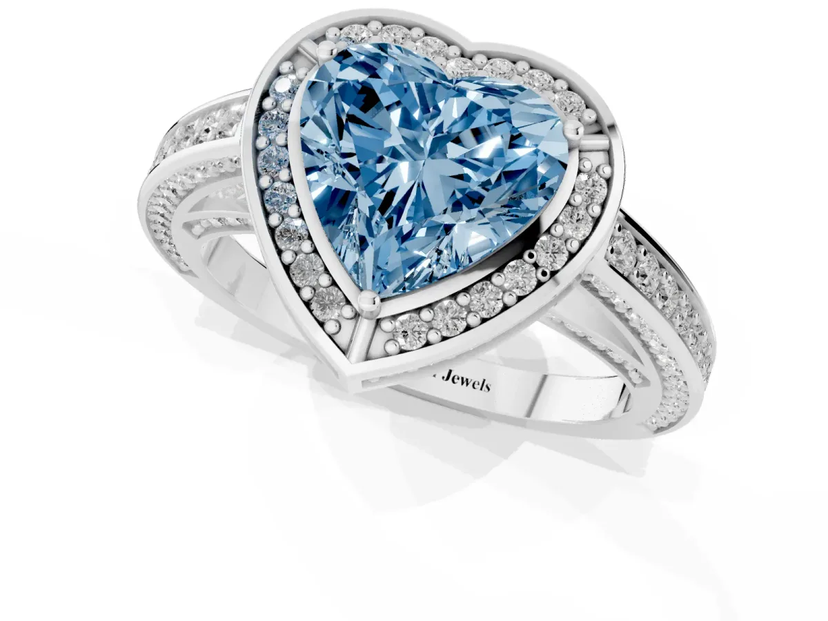 Fancy Blue Heart Cut Cut Halo Pave Split Shank Prong Setting Ring Silver