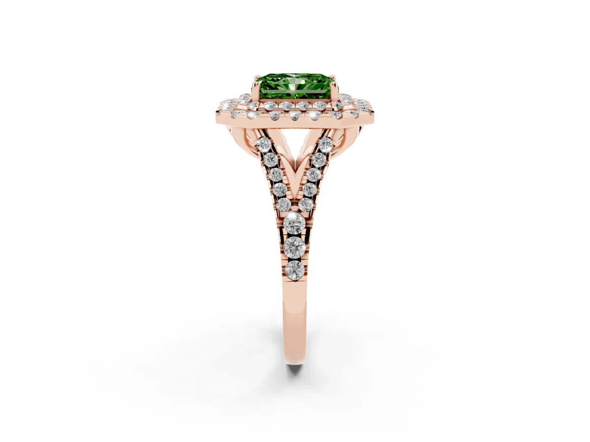 Fancy Green Double Halo Radiant Cut Diamond Pavé Split Shank Ring with Prong Setting Rose gold