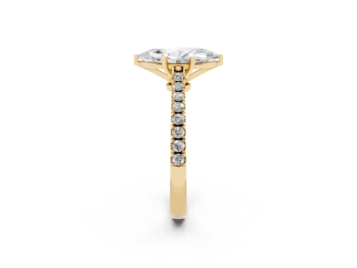 Marquise Cut Cut Solitaire Diamond Engagement Ring with Pave Band and Four-Prong Setting Yellow gold